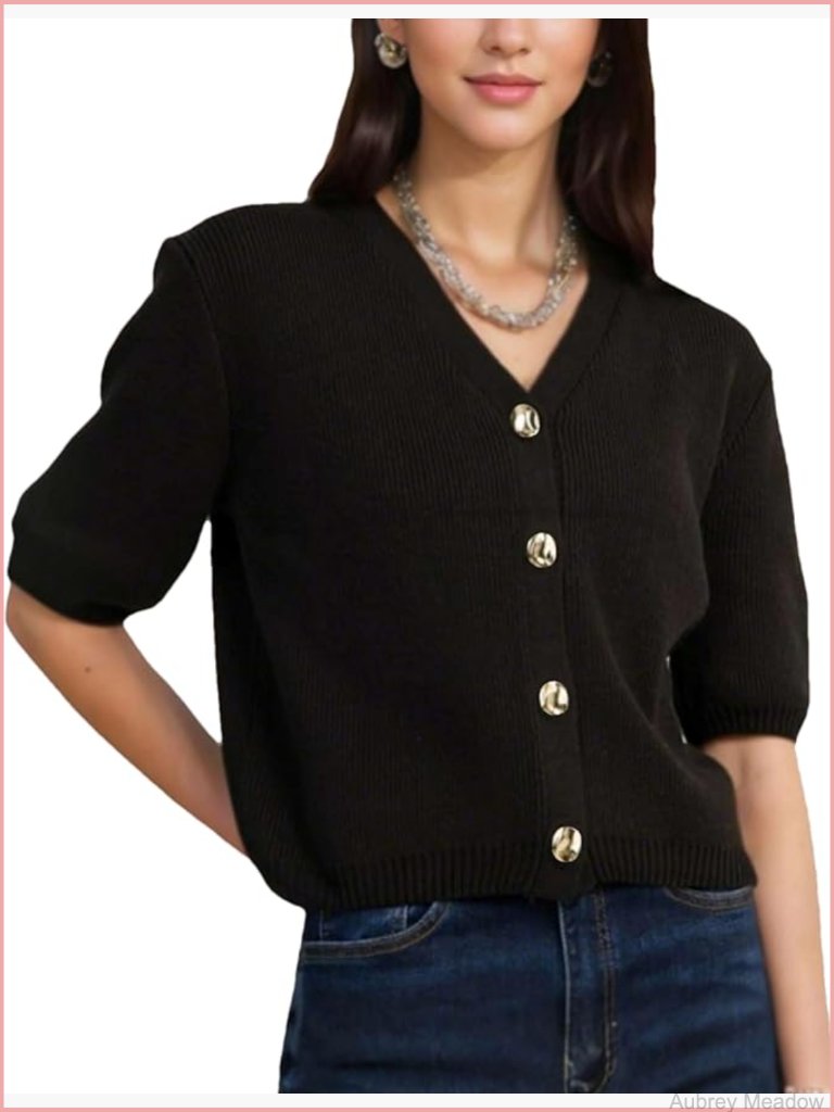 Short Sleeve V-Neck Cropped Knit Cardigan - Casual Button Down